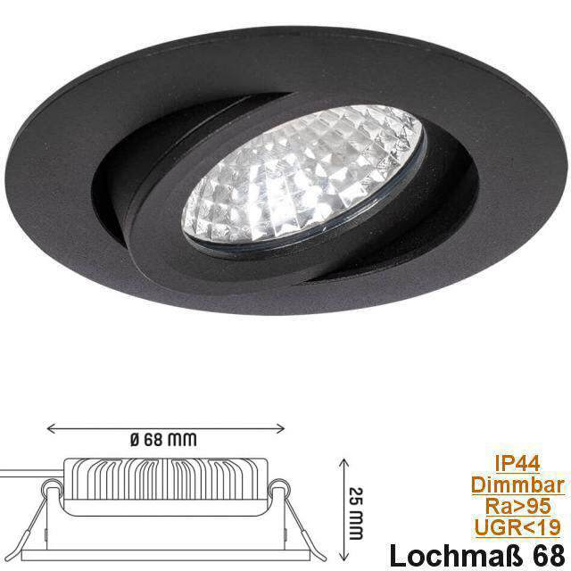 LED Einbaustrahler schwarz IP44 Schwenkbar Ra95